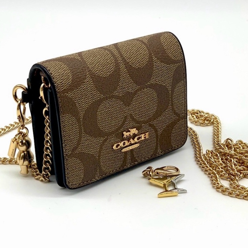 Coach Signature Canvas Chain Crossbody Wallet in Brown with Gold Hardware